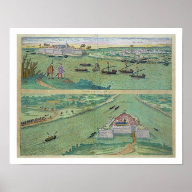 Affiches Deux vues de Comorra, de 'Civitates Orbis Terrar (Devant)