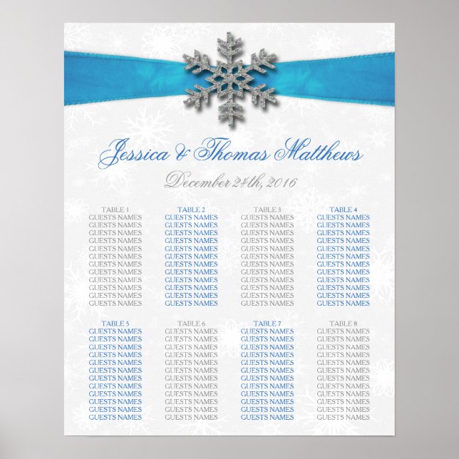 Affiches Diamante Snowflake & Blue Ribbon Mariage d'hiver (Devant)