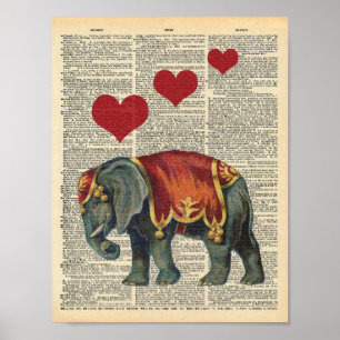 Affiches Dictionnaire vintage Art Cirque Elephant Love