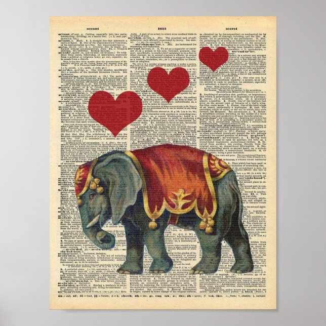 Affiches Dictionnaire vintage Art Cirque Elephant Love (Devant)