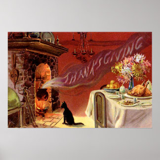 Affiches Dîner de Thanksgiving Chat Noir Cheminée Dinde