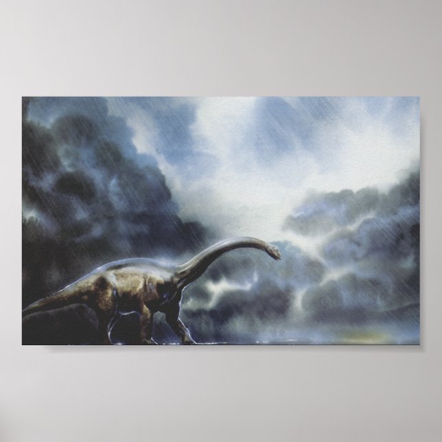 Affiches Dinosaures vintages, Barapasaurus avec nuages de t (Devant)