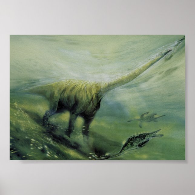 Affiches Dinosaures vintages, Brachiosaurus Nager dans l'oc (Devant)
