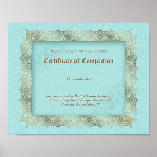 Affiches Diplôme de beauté Certificat d'achèvement Blue Gol (Devant)