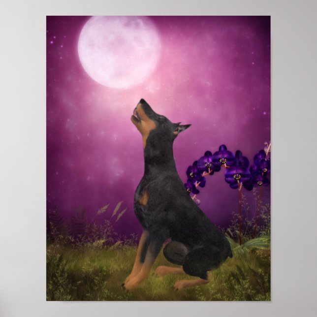 Affiches Doberman Imaginaire violet Orchidées Chien Art (Devant)