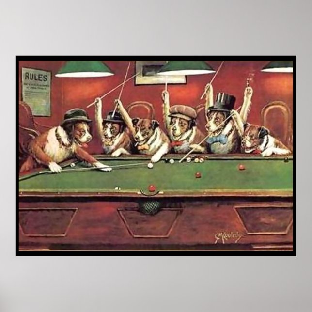Affiches Dogs Playing Pool - Discuter de la prise de vue (Devant)