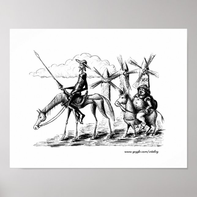 Affiches Don Quichotte et Sancho Panza dessin de stylo à en (Devant)