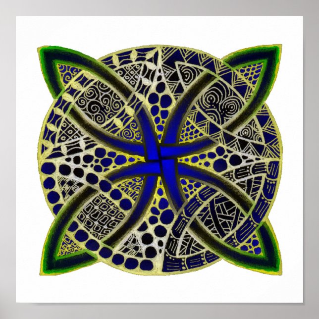 Affiches Doodle de noeud celtique bleu vert (Devant)