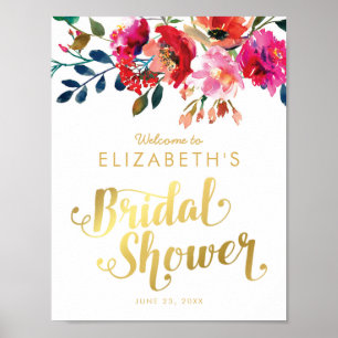 Affiches Douche de Mariée Élégante Aquarelle Fleurs Or Blan