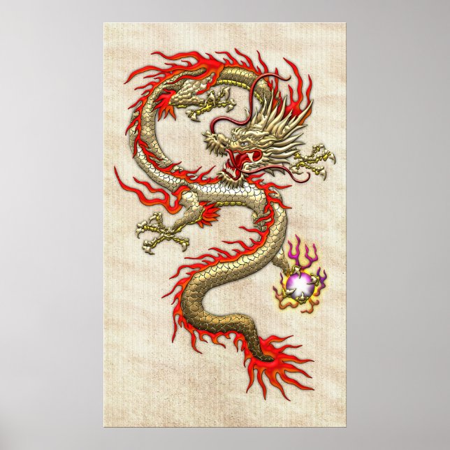 Affiches Dragon chinois d'or Fucanglong sur papier de riz (Devant)