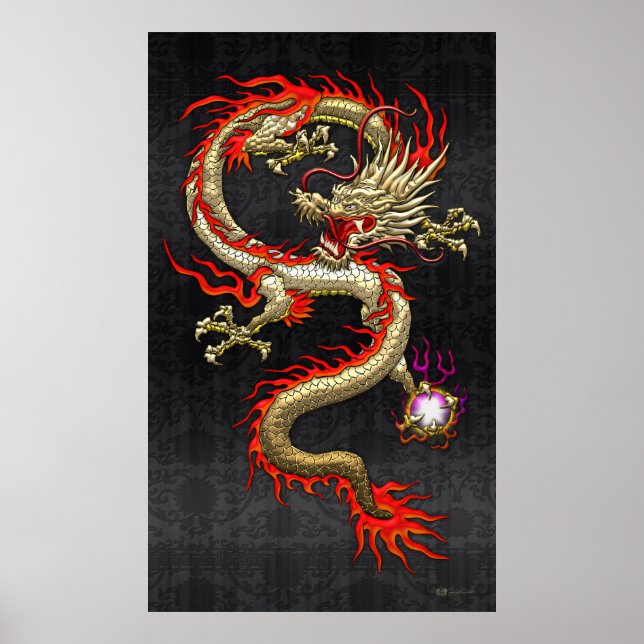 Affiches Dragon chinois d'or Fucanglong sur soie noire (Devant)