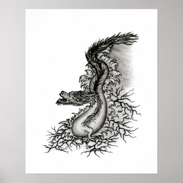 Affiches Dragon de Chine, dessin noir et blanc dans le styl (Devant)