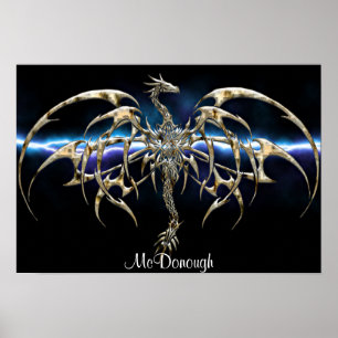 Affiches Dragon en bronze sur le ciel de foudre