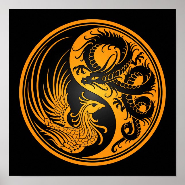 Affiches Dragon jaune et noir Phoenix Yin Yang (Devant)