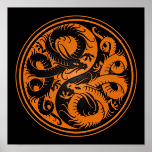 Affiches Dragons chinois de Yin Yang orange et noir