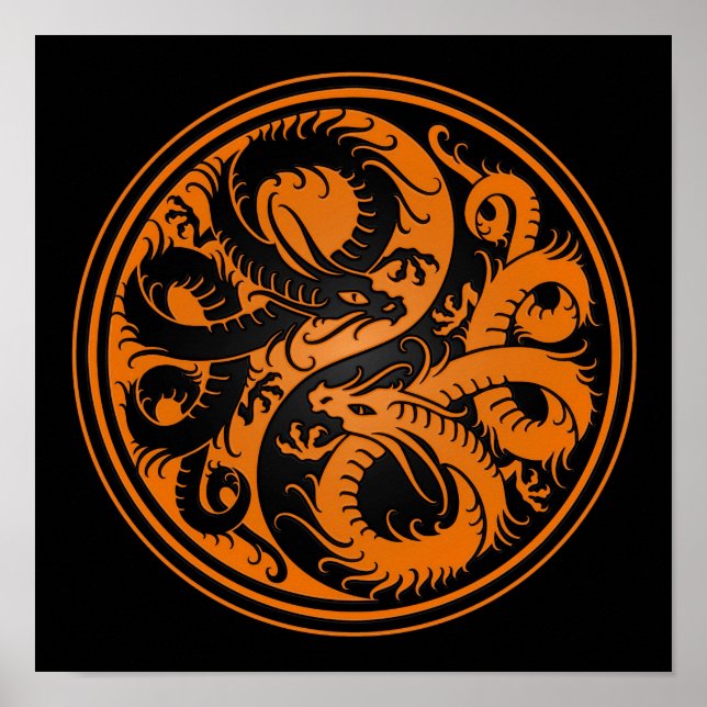 Affiches Dragons chinois de Yin Yang orange et noir (Devant)