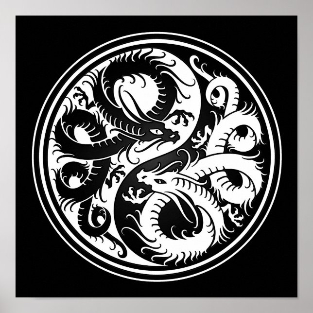 Affiches Dragons chinois Yin Yang blancs et noirs (Devant)