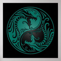 Dragons turquoises de Yin Yang en bleu et noir