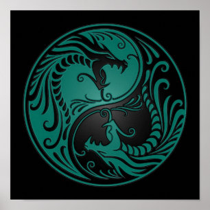 Affiches Dragons turquoises de Yin Yang en bleu et noir