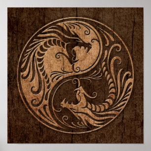Affiches Dragons Yin Yang avec effet Grain de Bois