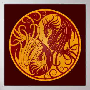 Affiches Dragons Yin Yang Jaune et Rouge volant