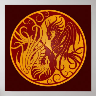 Affiches Dragons Yin Yang Jaune et Rouge volant