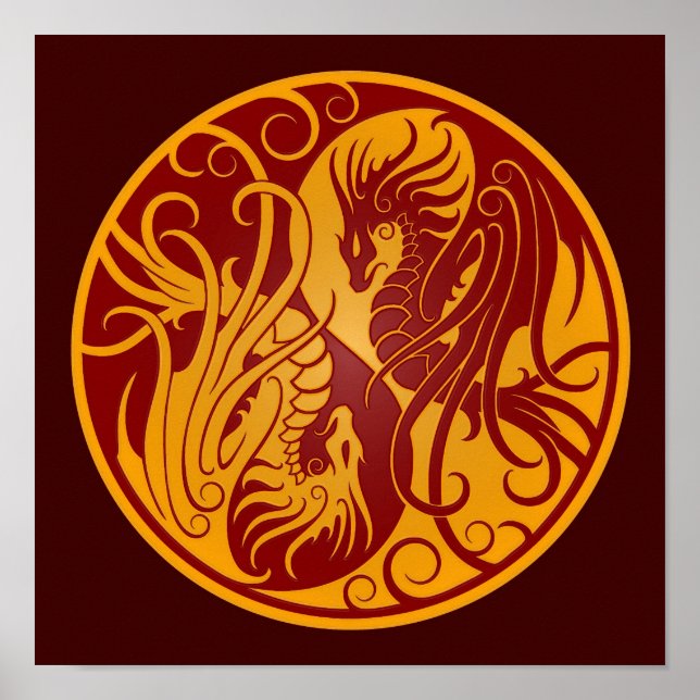 Affiches Dragons Yin Yang Jaune et Rouge volant (Devant)