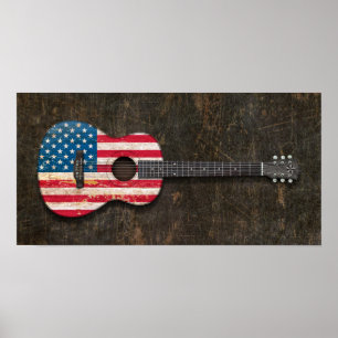 Affiches Drapeau américain rayé et usé Guitare acoustique