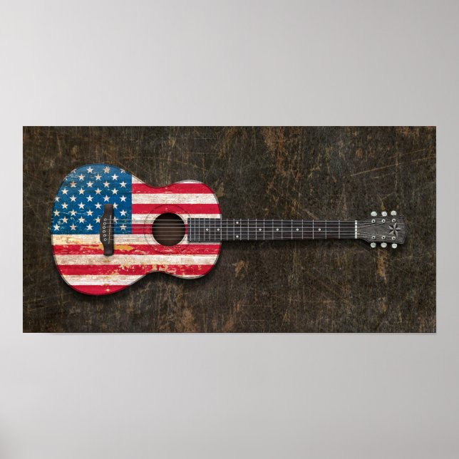 Affiches Drapeau américain rayé et usé Guitare acoustique (Devant)