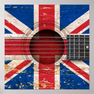 Affiches Drapeau britannique sur la vieille guitare acousti