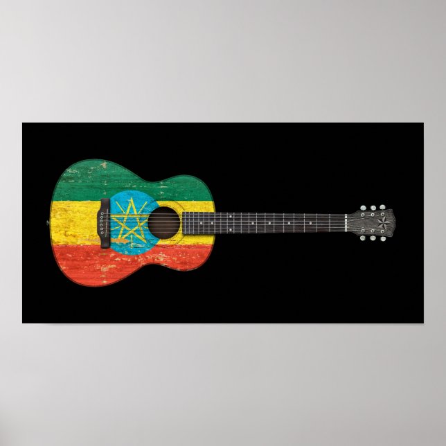 Affiches Drapeau éthiopien usé Guitare acoustique, noir (Devant)