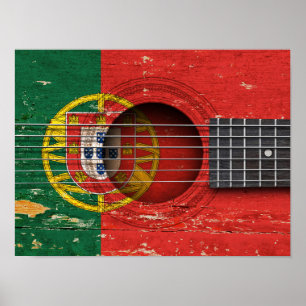 Affiches Drapeau portugais sur la vieille guitare acoustiqu