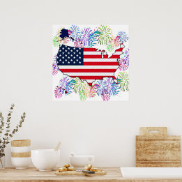 Affiches Drapeau USA Carte et Feux d'Artifice avec Texture