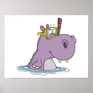 Affiches drôle mignon snorkeling nage hippo