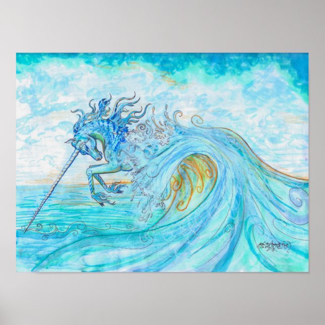 Affiches Eau Mer Océan Unicorne Leaping Corne Longue (Devant)
