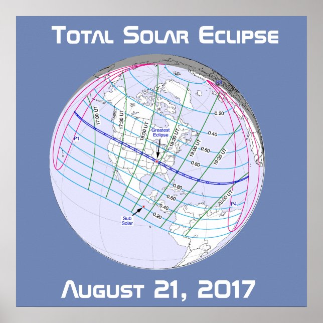 Affiches Éclipse solaire totale 2017 Trajectoire globale (Devant)