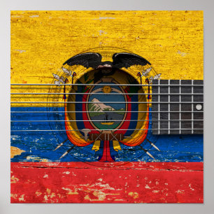 Affiches Ecuadorian Flag on Old Acoustic Guitar
