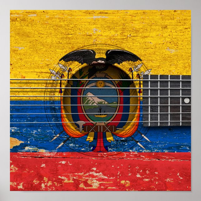 Affiches Ecuadorian Flag on Old Acoustic Guitar (Devant)