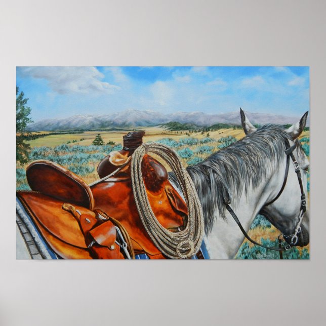 Affiches Effrayez le cheval, selle, cowboy, paysage de (Devant)