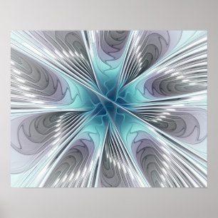 Affiches Élégance Moderne Fleur d'Art Fractal Bleu Gris Bla