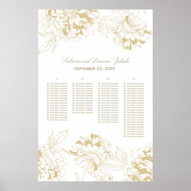 Affiches Elégant Gold Floral Peony Mariage Siège (Devant)