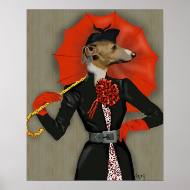 Affiches Elégant Greyhound et parapluie rouge (Devant)