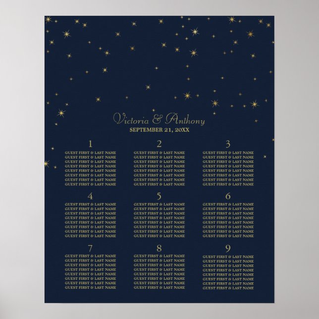 Affiches Elégant Marine & Gold Falling Stars Siège Mariage (Devant)
