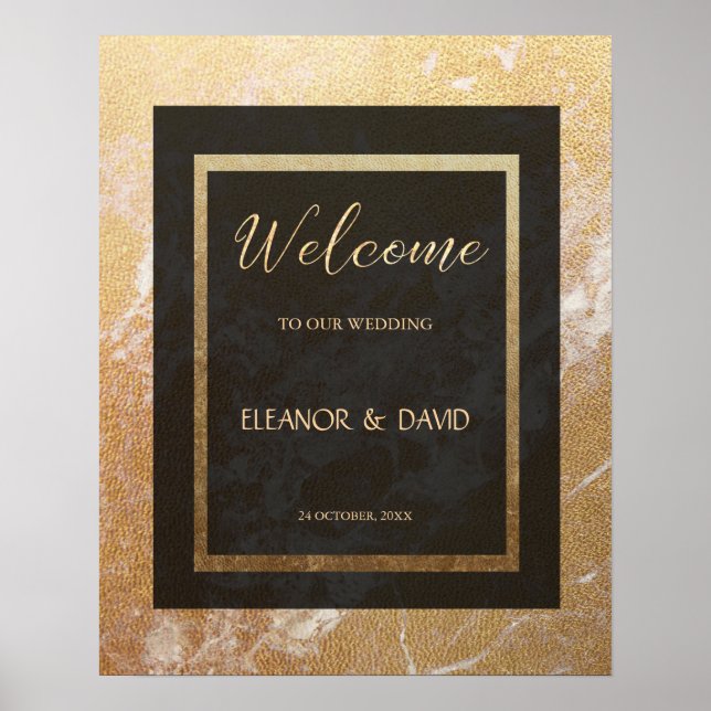 Affiches Elégant or noir marbre de bienvenue mariage script (Devant)