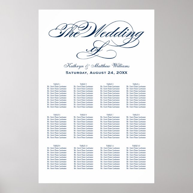 Affiches Élégant Plan de Table de Mariage Calligraphié en B (Devant)