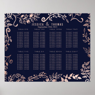 Affiches Élégant Rose bleu marine Gold Floral Seating Chart