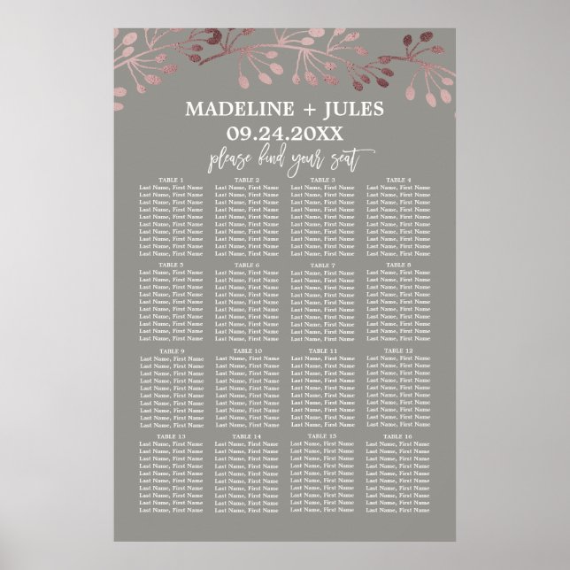 Affiches Élégant Rose Gold et Grey Mariage Seating Chart (Devant)