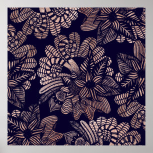 Affiches Elégant Rose Gold Floral Dessins sur bleu marine