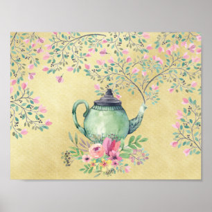Affiches Elégante Aquarelle Teapot et Fleurs Or