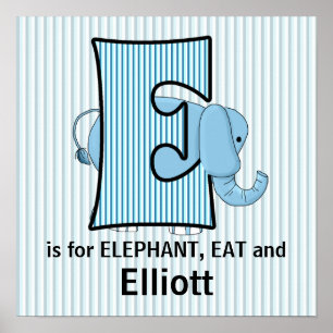 Affiches Élément de chambre bébé Éléphant Bleu Monogrammé